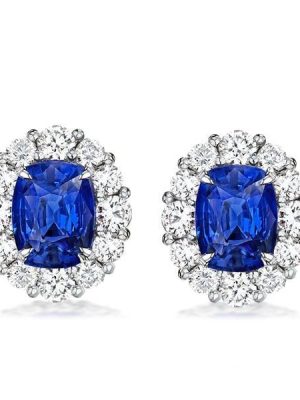 Halo Oval Created Sapphire Stud Earrings in Rhodium Plated 925 Sterling Silver