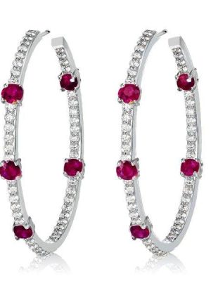Sterling Silver In Out Round Ruby Sapphire Hoop Earrings for Women 1.73 CT TW