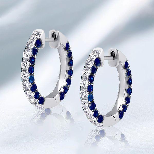 Blue Hoop Earrings for Women - 925 Sterling Silver 3-Sided Round Hoops