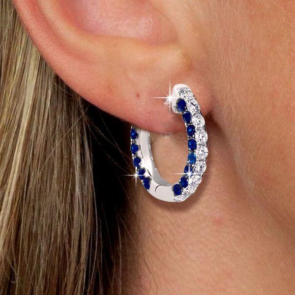 Blue Hoop Earrings for Women - 925 Sterling Silver 3-Sided Round Hoops