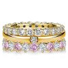 18K Gold Plated Sterling Silver Stackable Band Set with Round Cut White and Pink Stones