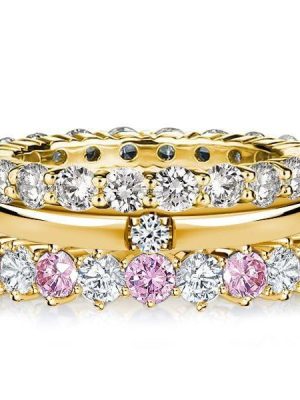 18K Gold Plated Sterling Silver Stackable Band Set with Round Cut White and Pink Stones