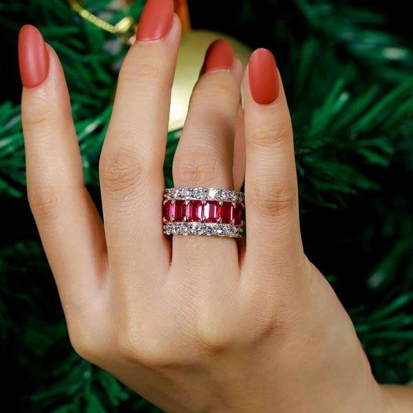 Garnet & Two-Tone Sterling Silver Triple Row Wedding Band