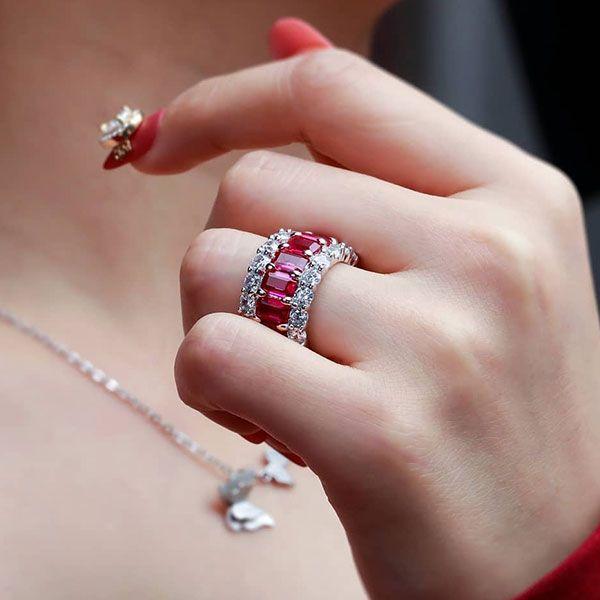 Garnet & Two-Tone Sterling Silver Triple Row Wedding Band
