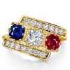 Vintage Three Stone Blue Sapphire and Ruby Engagement Ring in 18K Gold Plated Sterling Silver