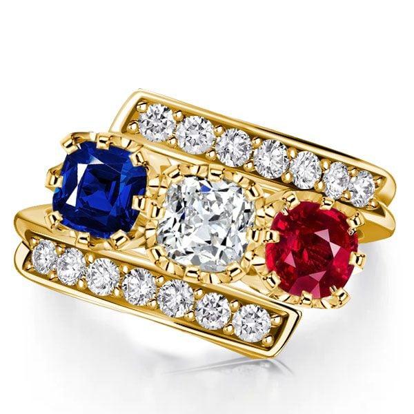 Vintage Three Stone Blue Sapphire and Ruby Engagement Ring in 18K Gold Plated Sterling Silver
