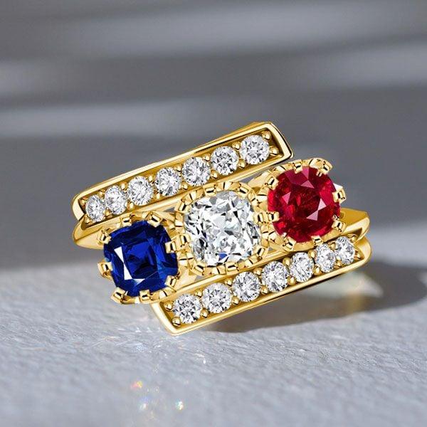 Vintage Three Stone Blue Sapphire and Ruby Engagement Ring in 18K Gold Plated Sterling Silver