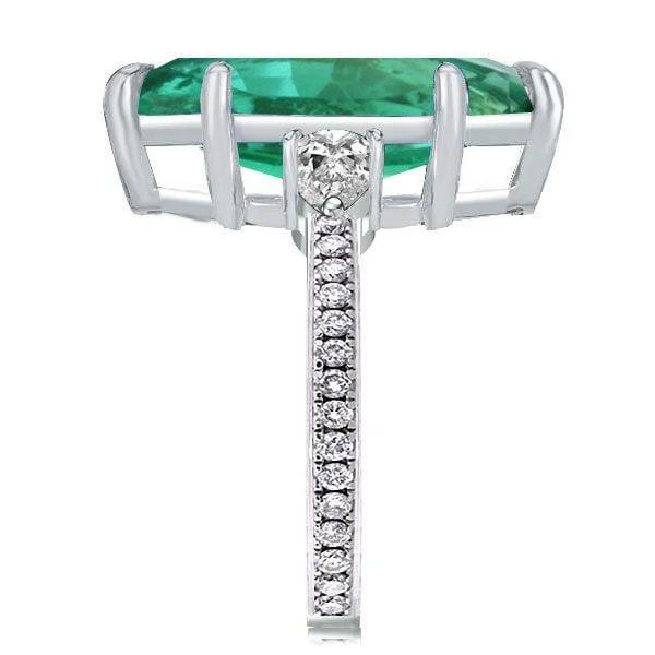 Emerald Cut Green Stone 3 Stone Engagement Ring in Rhodium Plated Sterling Silver