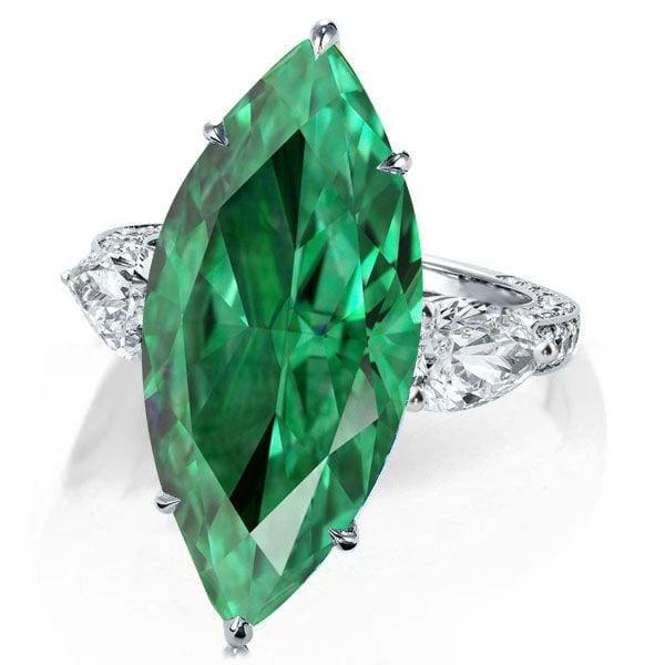 Emerald Cut Green Stone 3 Stone Engagement Ring in Rhodium Plated Sterling Silver