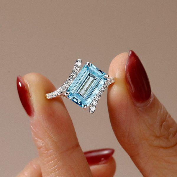Emerald Cut Aquamarine Engagement Ring - 925 Sterling Silver