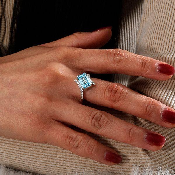 Emerald Cut Aquamarine Engagement Ring - 925 Sterling Silver