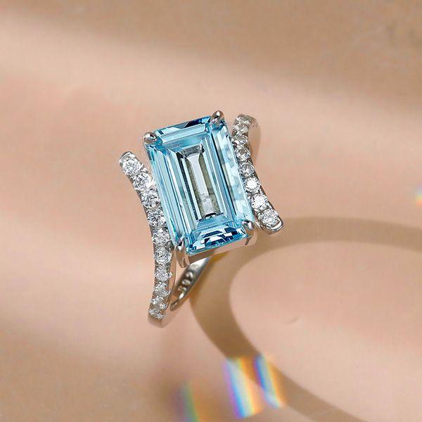 Emerald Cut Aquamarine Engagement Ring - 925 Sterling Silver