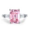 Three Stone Pink Emerald Cut Engagement Ring in Rhodium Plated Sterling Silver