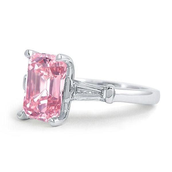 Three Stone Pink Emerald Cut Engagement Ring in Rhodium Plated Sterling Silver