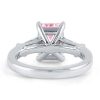 Three Stone Pink Emerald Cut Engagement Ring in Rhodium Plated Sterling Silver