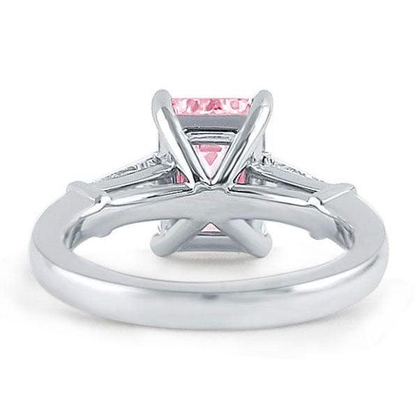 Three Stone Pink Emerald Cut Engagement Ring in Rhodium Plated Sterling Silver