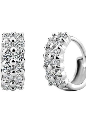 Double Row White Sapphire Hoop Earrings - Silver Plated