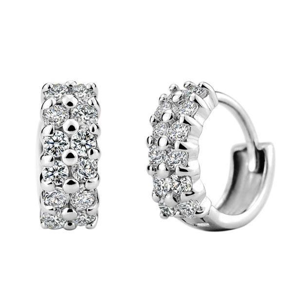 Double Row White Sapphire Hoop Earrings - Silver Plated