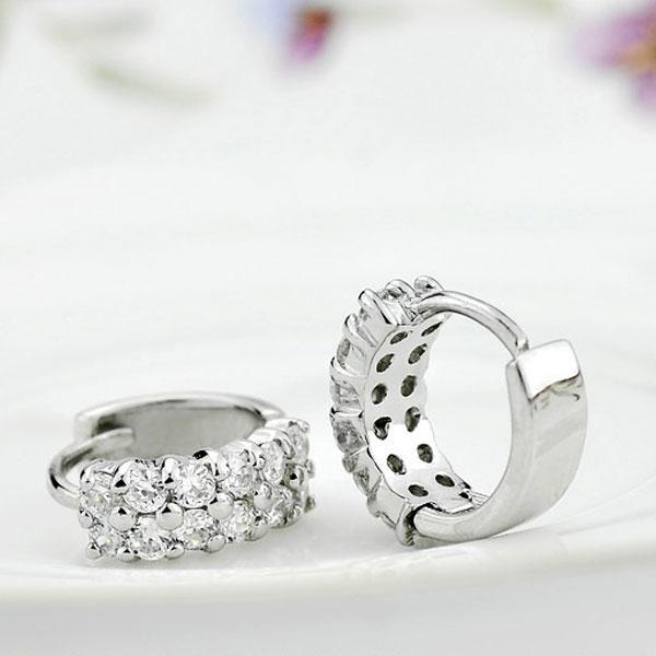 Double Row White Sapphire Hoop Earrings - Silver Plated