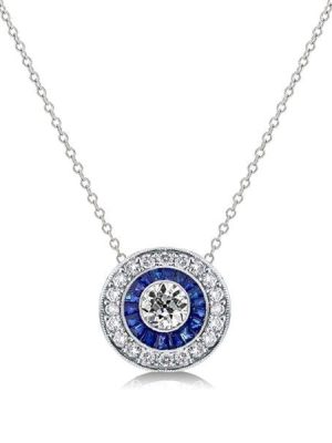 Vintage Blue Sapphire Halo Pendant Necklace in Sterling Silver