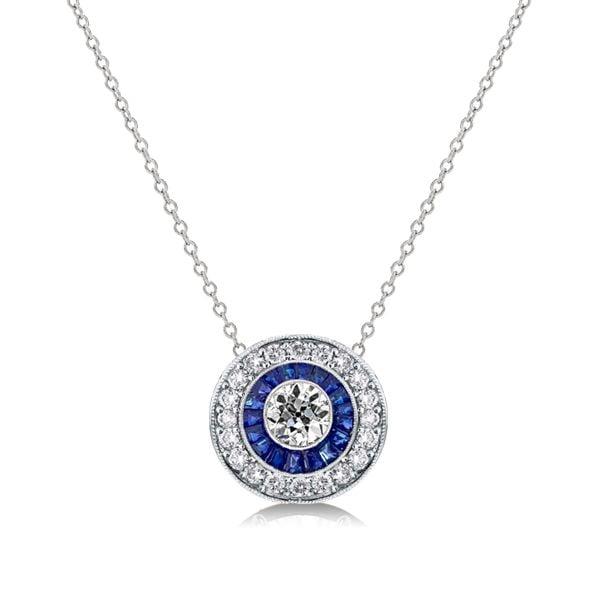 Vintage Blue Sapphire Halo Pendant Necklace in Sterling Silver