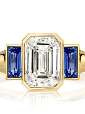 Golden Bezel Emerald Cut Three Stone Engagement Ring - 18K Gold Plated Sterling Silver