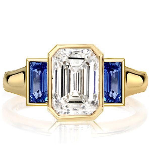 Golden Bezel Emerald Cut Three Stone Engagement Ring - 18K Gold Plated Sterling Silver