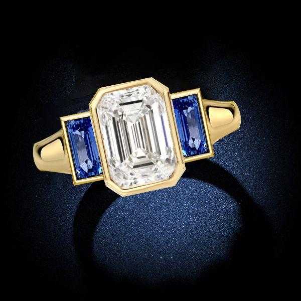 Golden Bezel Emerald Cut Three Stone Engagement Ring - 18K Gold Plated Sterling Silver