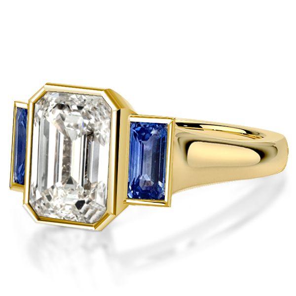 Golden Bezel Emerald Cut Three Stone Engagement Ring - 18K Gold Plated Sterling Silver