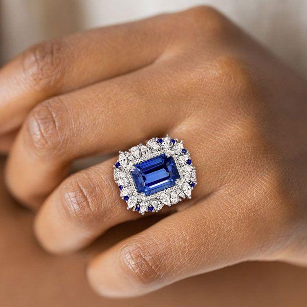 Emerald Cut Blue Sapphire Ring in Sterling Silver