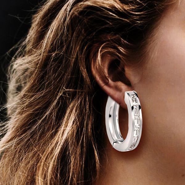 Baguette White Sapphire Half Hoop Earrings in Sterling Silver