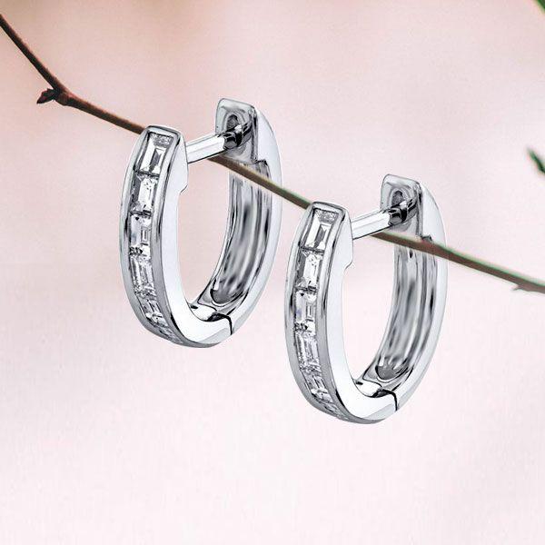 Baguette White Sapphire Half Hoop Earrings in Sterling Silver