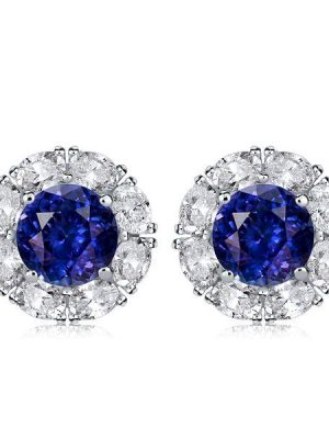 Halo Stud Earrings White & Blue Sterling Silver - Classic Design