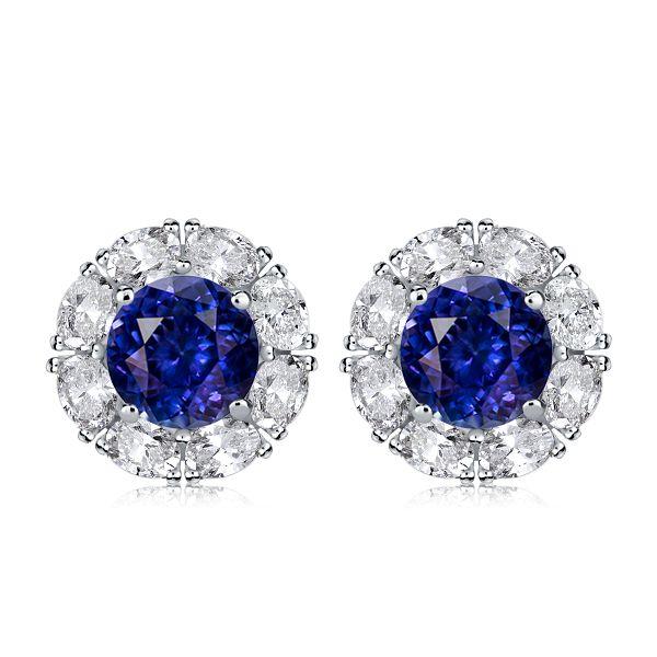 Halo Stud Earrings White & Blue Sterling Silver - Classic Design