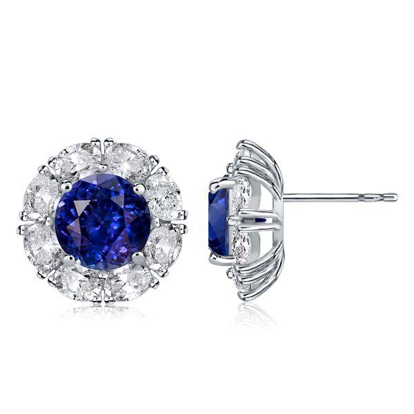 Halo Stud Earrings White & Blue Sterling Silver - Classic Design