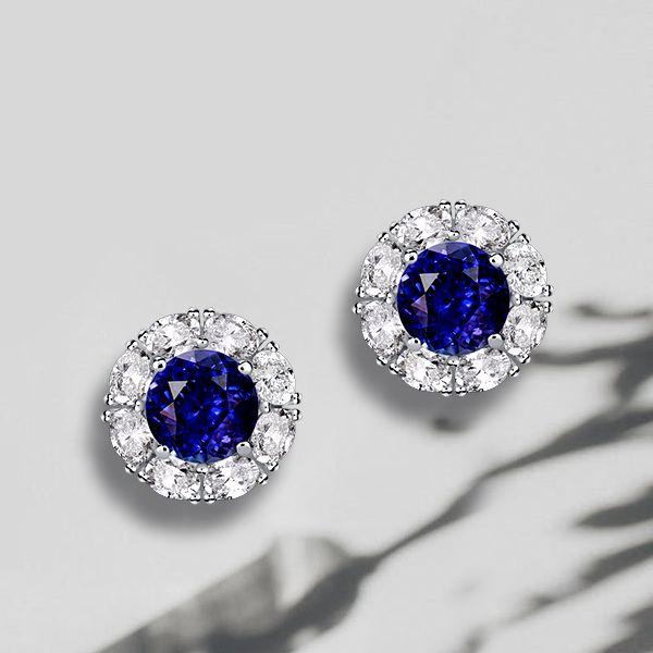 Halo Stud Earrings White & Blue Sterling Silver - Classic Design