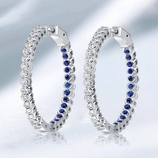 Blue & White Inside Out Hoop Earrings in 925 Sterling Silver - 36mm