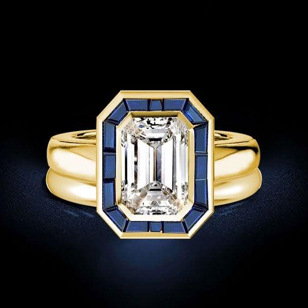 Emerald Cut Halo Engagement Ring Set in 925 Sterling Silver with Gold Tone Finish