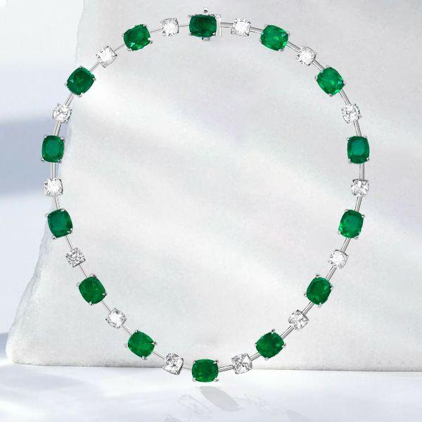 Cushion Cut Emerald Tennis Necklace - 925 Sterling Silver