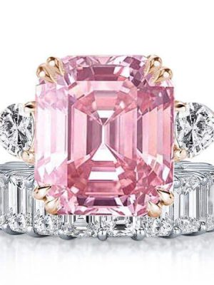 Emerald Cut White & Pink Sapphire Sterling Silver Bridal Set