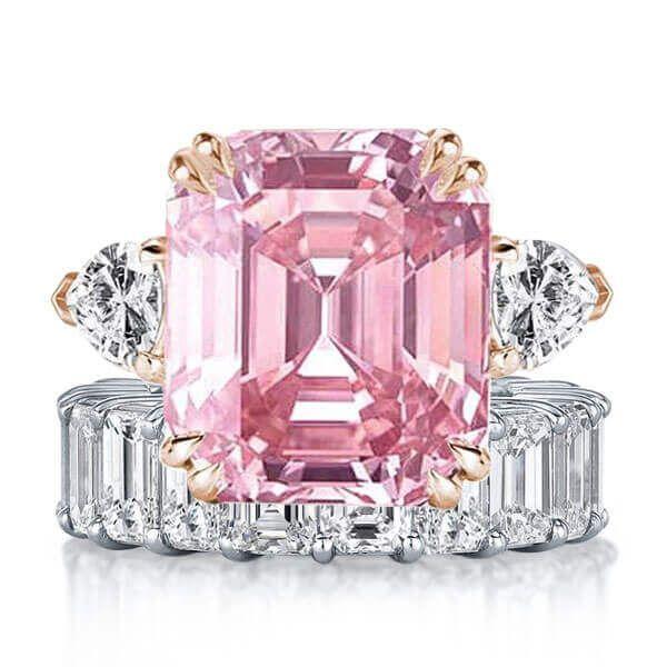 Emerald Cut White & Pink Sapphire Sterling Silver Bridal Set