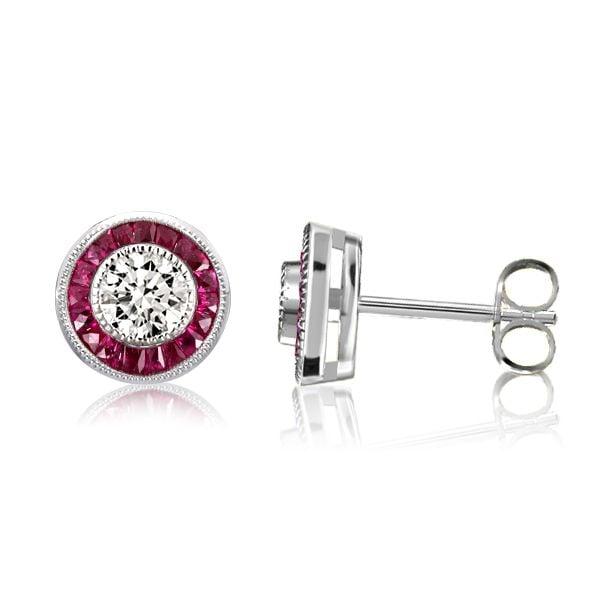 Rhodium Plated 925 Sterling Silver Garnet Halo Round Stud Earrings