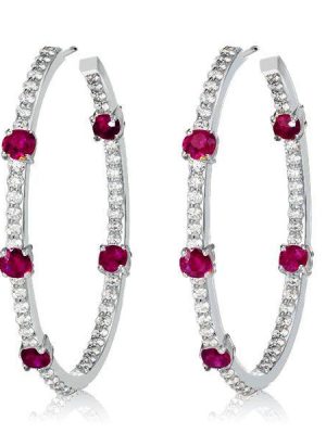 Ruby & Sapphire Hoop Earrings - Sterling Silver In Out Round Design