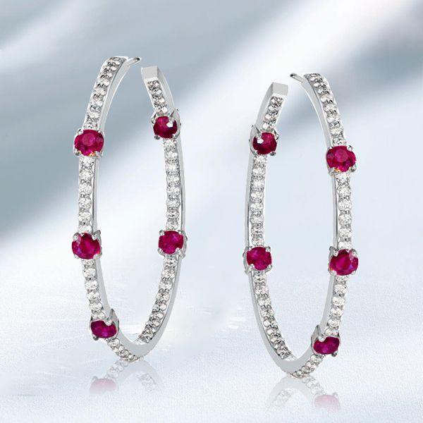 Ruby & Sapphire Hoop Earrings - Sterling Silver In Out Round Design
