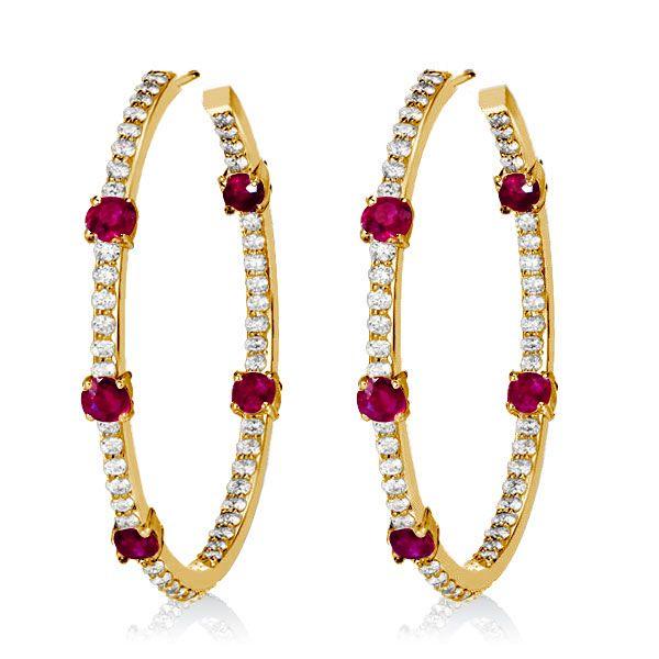 Ruby & Sapphire Hoop Earrings - Sterling Silver In Out Round Design