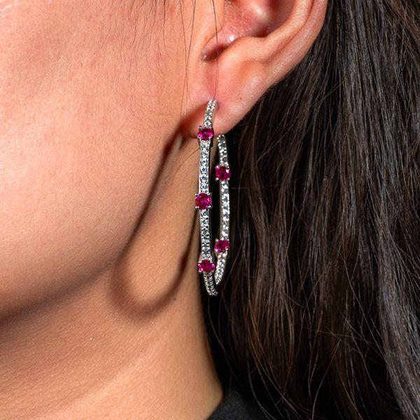 Ruby & Sapphire Hoop Earrings - Sterling Silver In Out Round Design