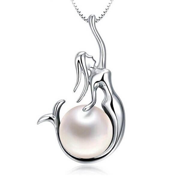 Mermaid Pearl Pendant Necklace - 925 Sterling Silver, Adjustable Chain