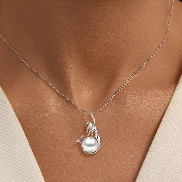 Mermaid Pearl Pendant Necklace - 925 Sterling Silver, Adjustable Chain