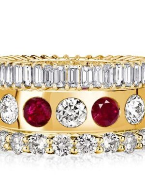 Eternity Stackable Ring Set with Round & Baguette White and Ruby Cubic Zirconia in 18K Gold Plated Sterling Silver
