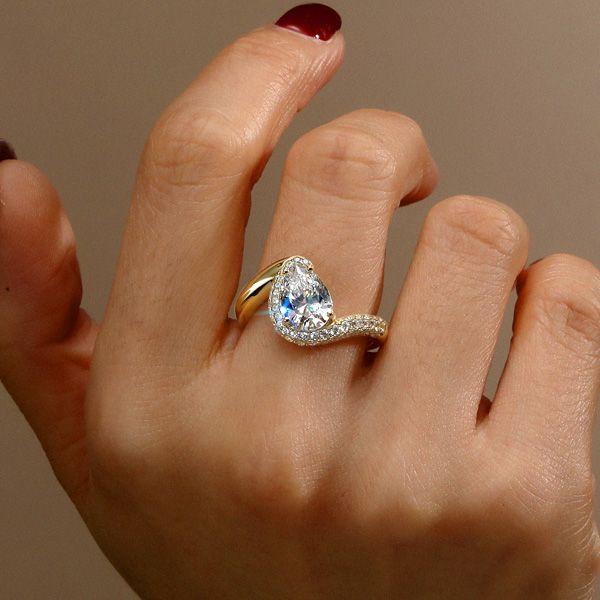 Pear Cut Engagement Ring with Pave Band - Sterling Silver Pear Trace Ring